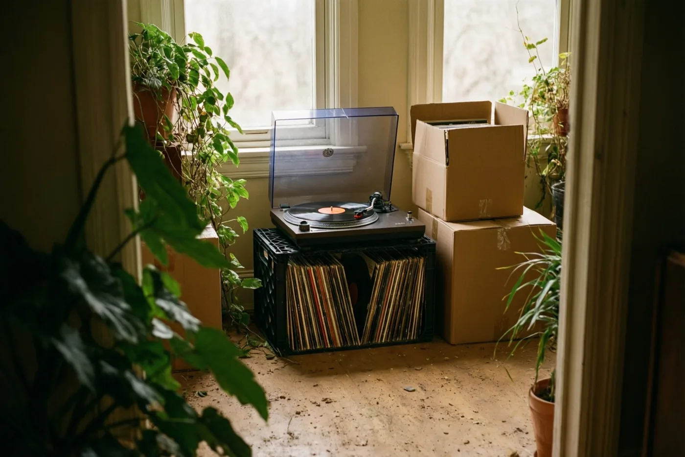 Een platenspeler met een doorzichtig deksel staat op een zwarte krat vol vinylplaten naast gestapelde kartonnen dozen, op een houten vloer in een kamer met potplanten en zacht daglicht.