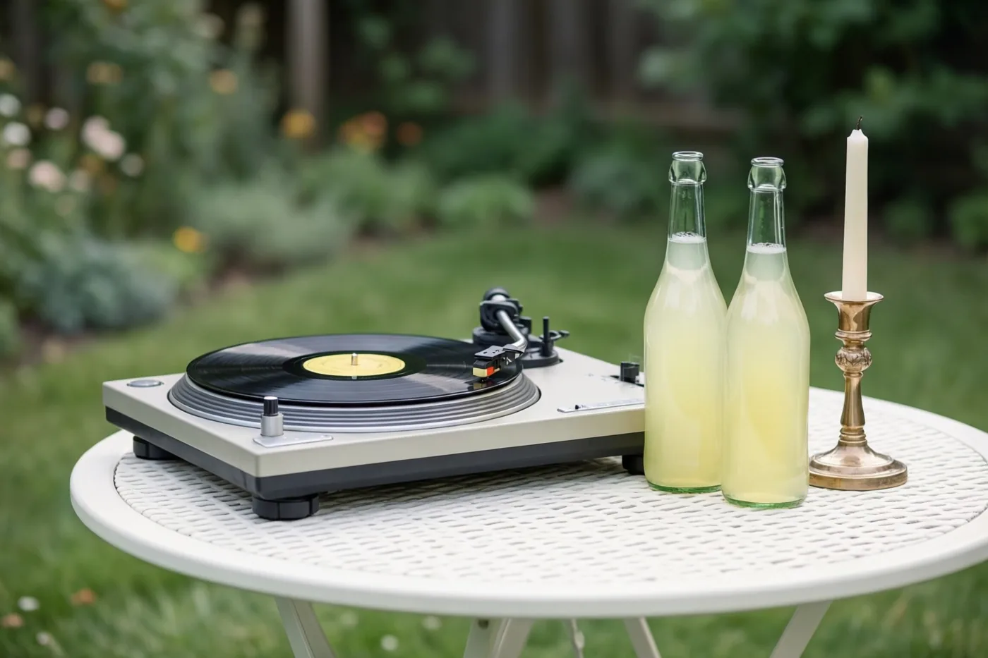 Een platenspeler met een plaat, twee glazen flesjes limonade en een hoge witte kaars in een messing kandelaar staan op een witte tuintafel op het gras.