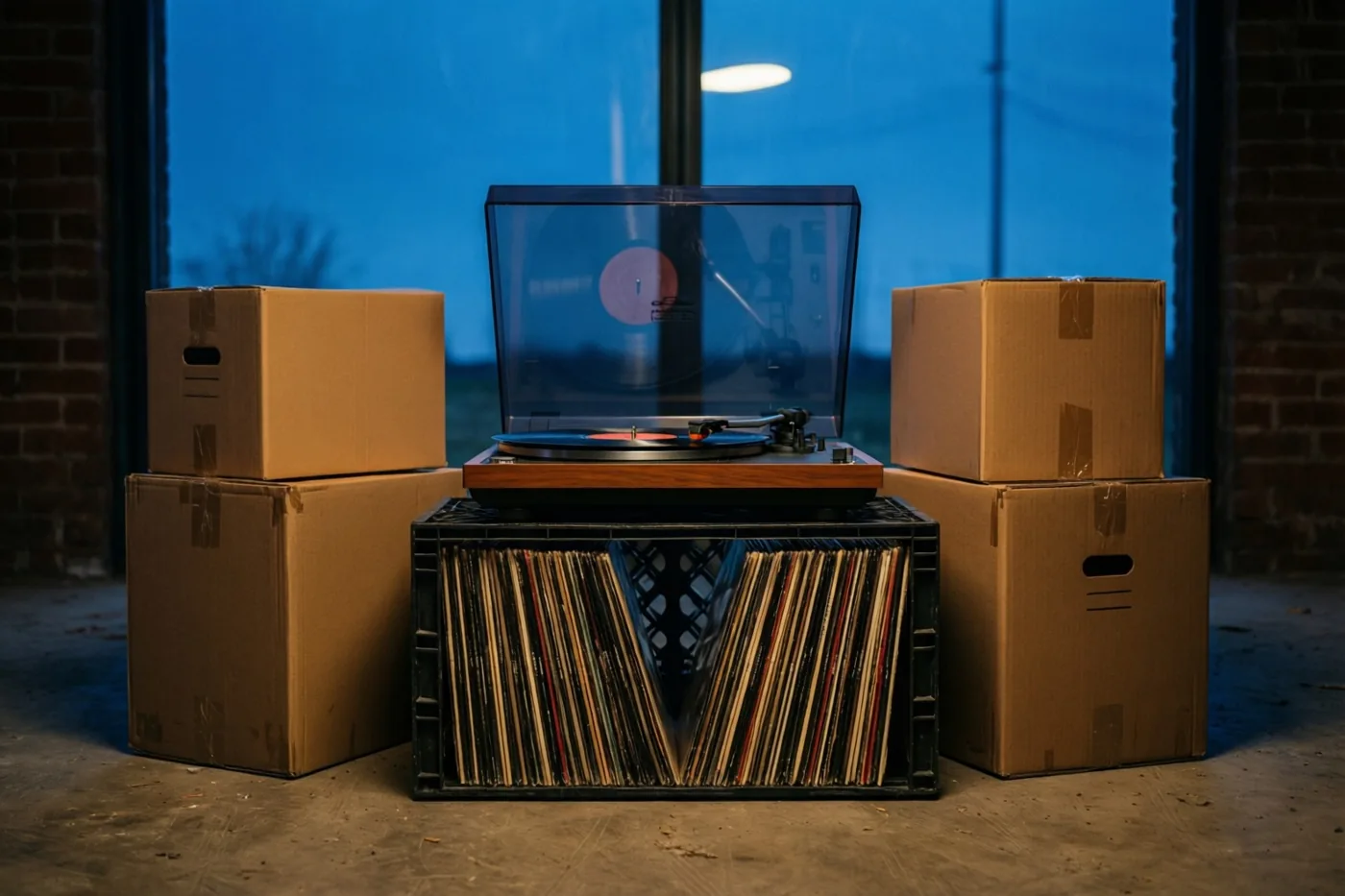 Een oude platenspeler staat op een zwarte krat met vinylplaten tussen stapels kartonnen verhuisdozen op een betonvloer, voor een groot raam met een schemerblauwe lucht.