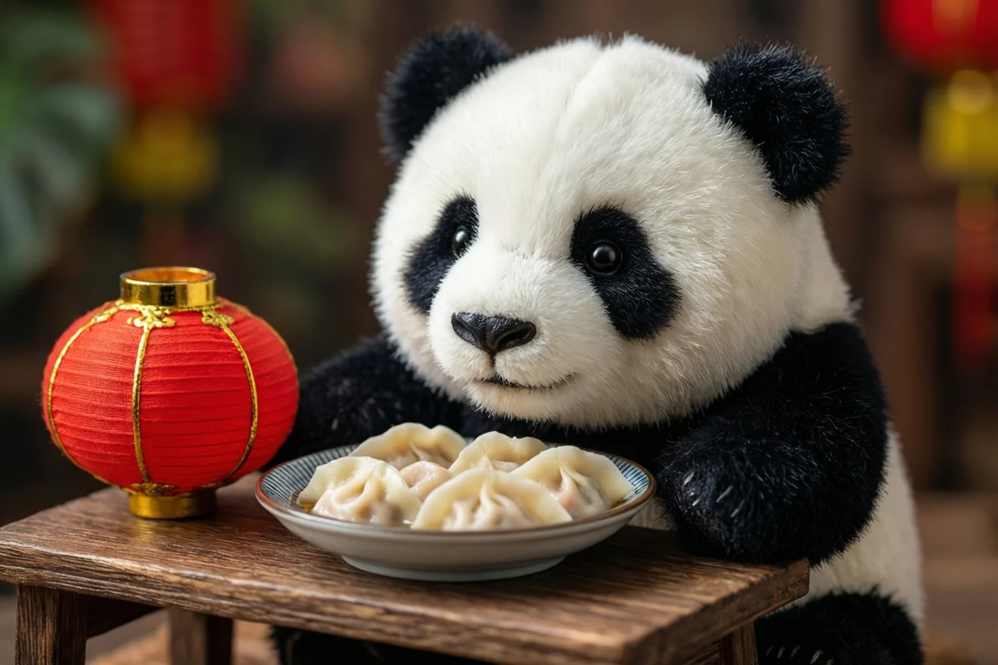 Een pluchen panda zit aan een kleine houten tafel met een kom dumplings en een rode lantaarn ernaast, in warm licht.