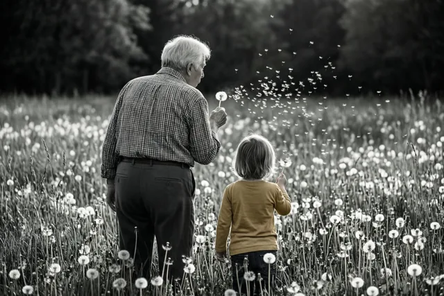 Een oudere man en een klein kind staan van achteren gezien in een veld paardenbloemen en blazen pluisjes weg op een zwart-witfoto waarop alleen het gele shirt van het kind kleur heeft.