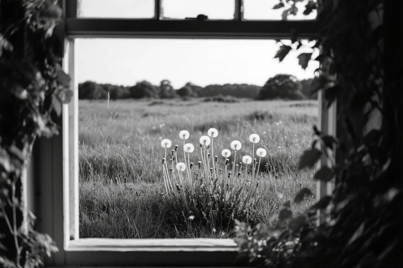 Een zwart-witfoto toont pluizenbollen van paardenbloemen in een grasweide door een raamkozijn, met bladeren die de zijkanten deels bedekken.