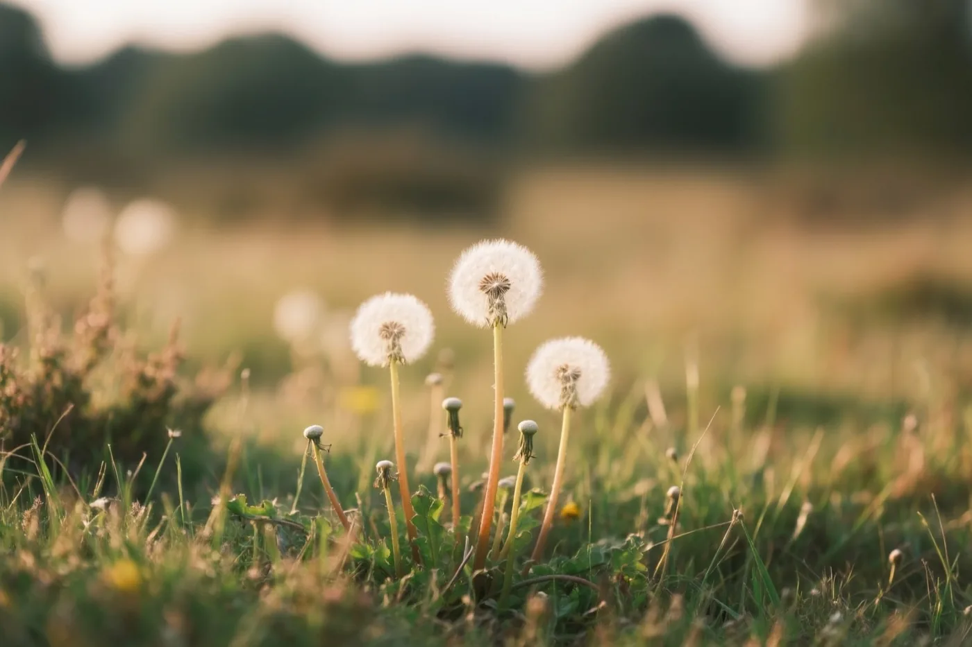 Pluizenbollen van paardenbloemen staan van dichtbij in beeld in een grasweide, met wazige glooiende heuvels in goudkleurig licht op de achtergrond.