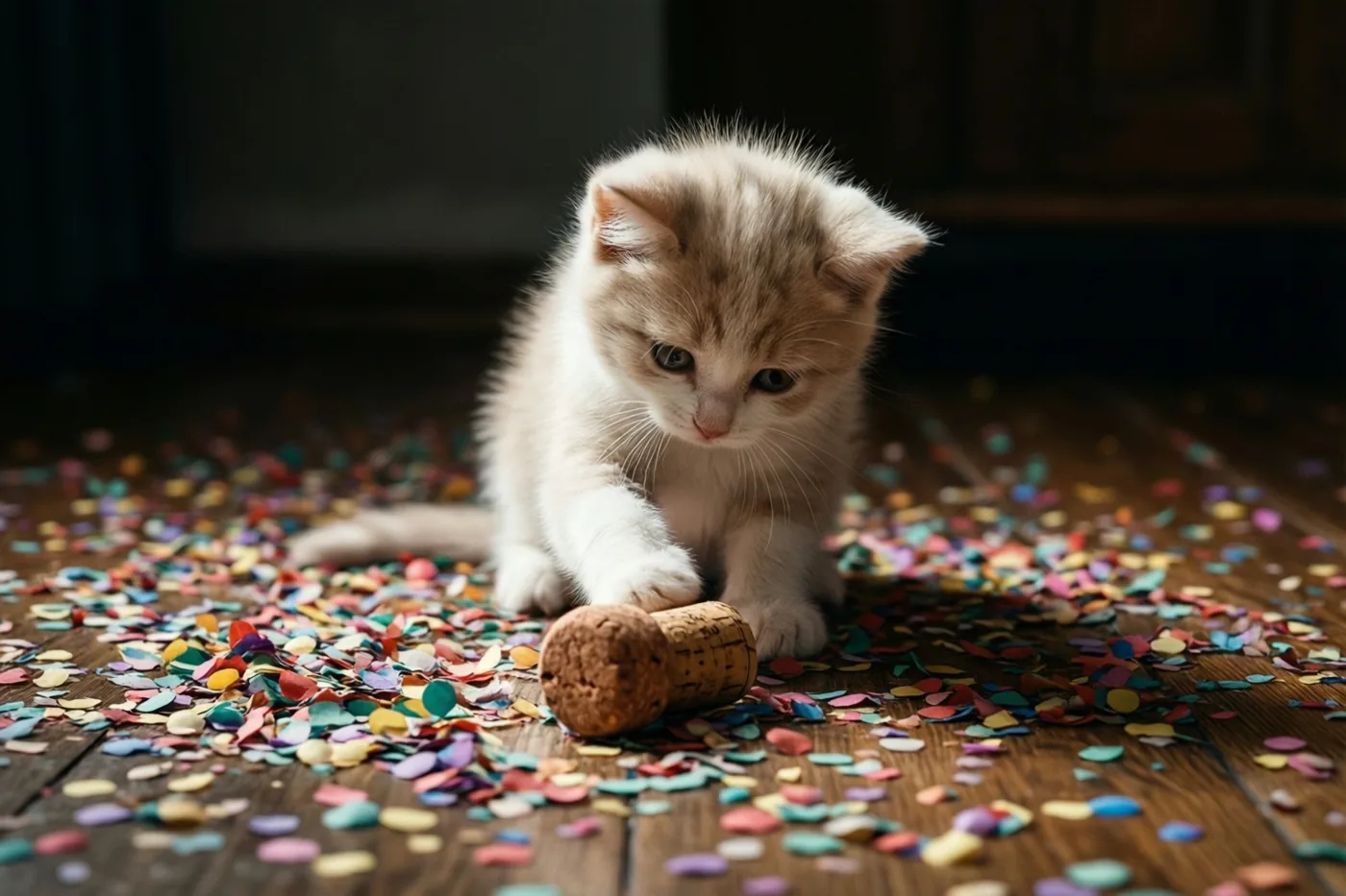 Een klein pluizig katje zit laag op een houten vloer en tikt tegen een champagnekurk tussen kleurrijke confetti, in warm licht met een onscherpe achtergrond.