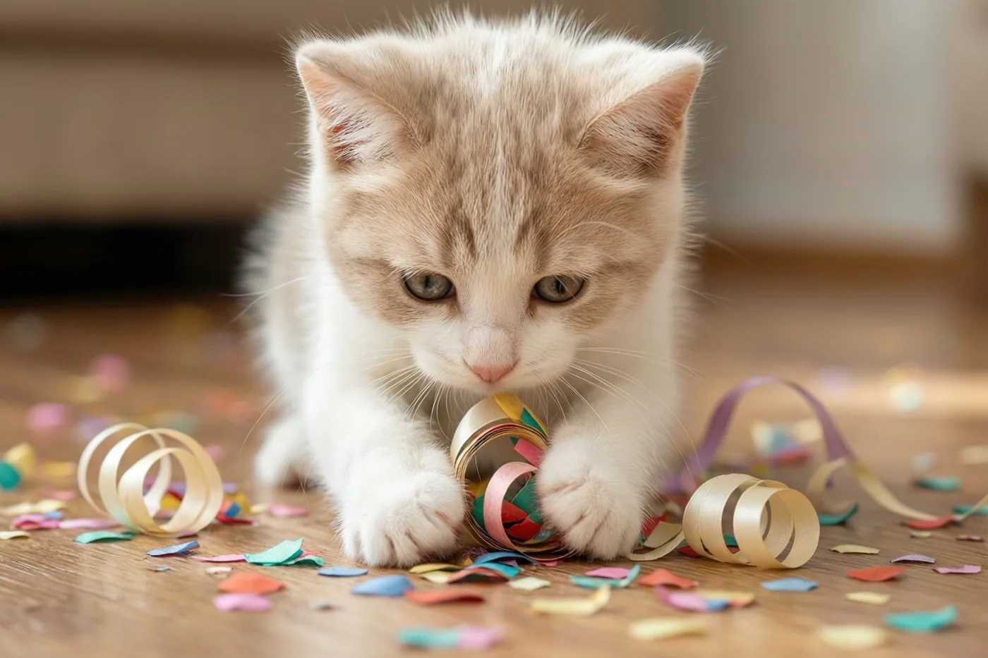 Een pluizig crèmekleurig en wit katje speelt op een houten vloer met kleurrijke krullinten en confetti in zacht, warm licht.
