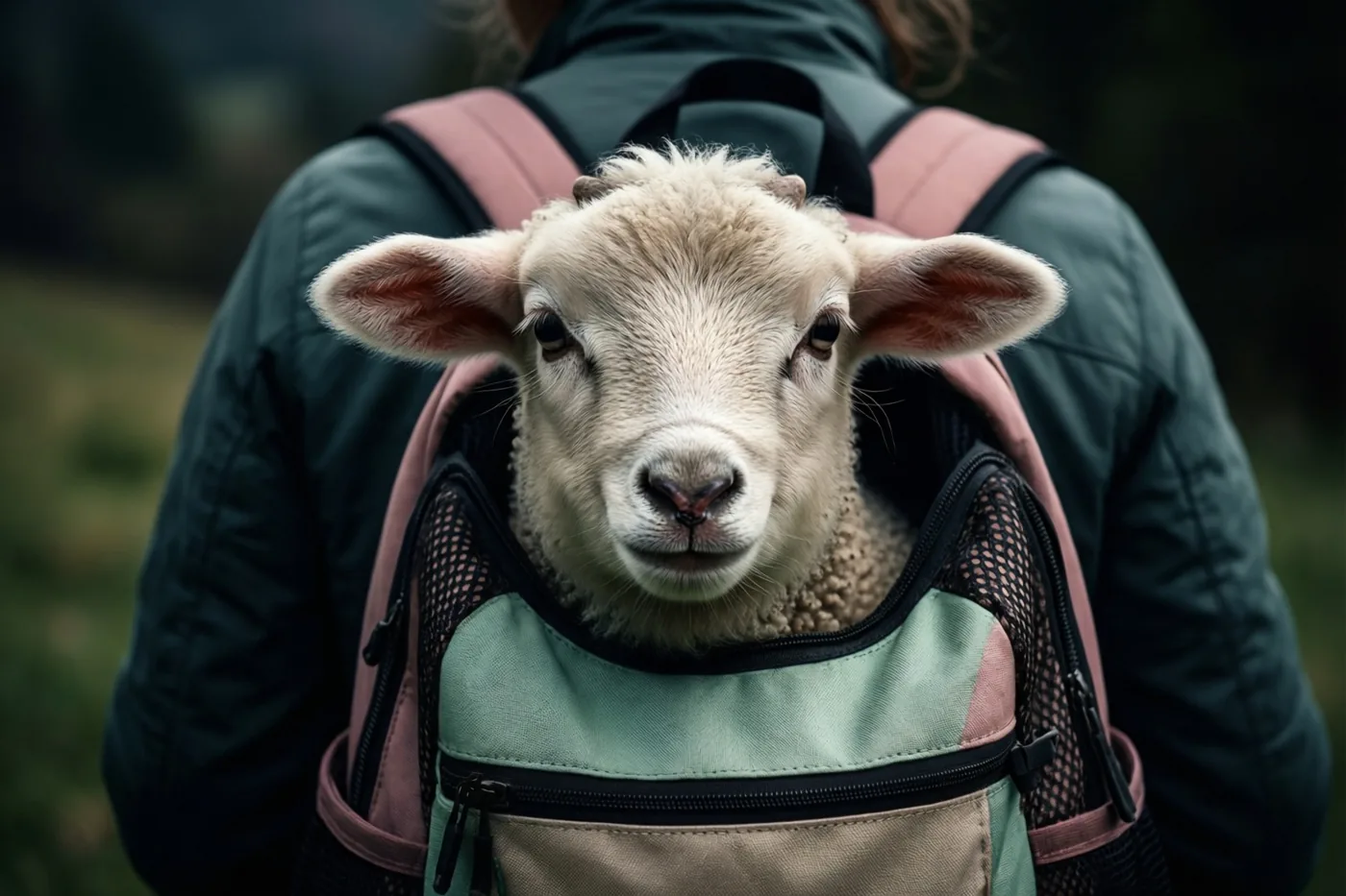 Een lammetje met pluizige witte wol kijkt uit de opening aan de voorkant van een rugzak die een weglopende persoon draagt, met onscherp groen op de achtergrond.