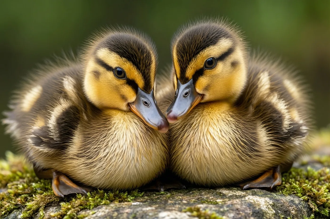 Twee pluizige eendjes zitten dicht tegen elkaar op een met mos bedekte steen buiten in zacht warm licht.