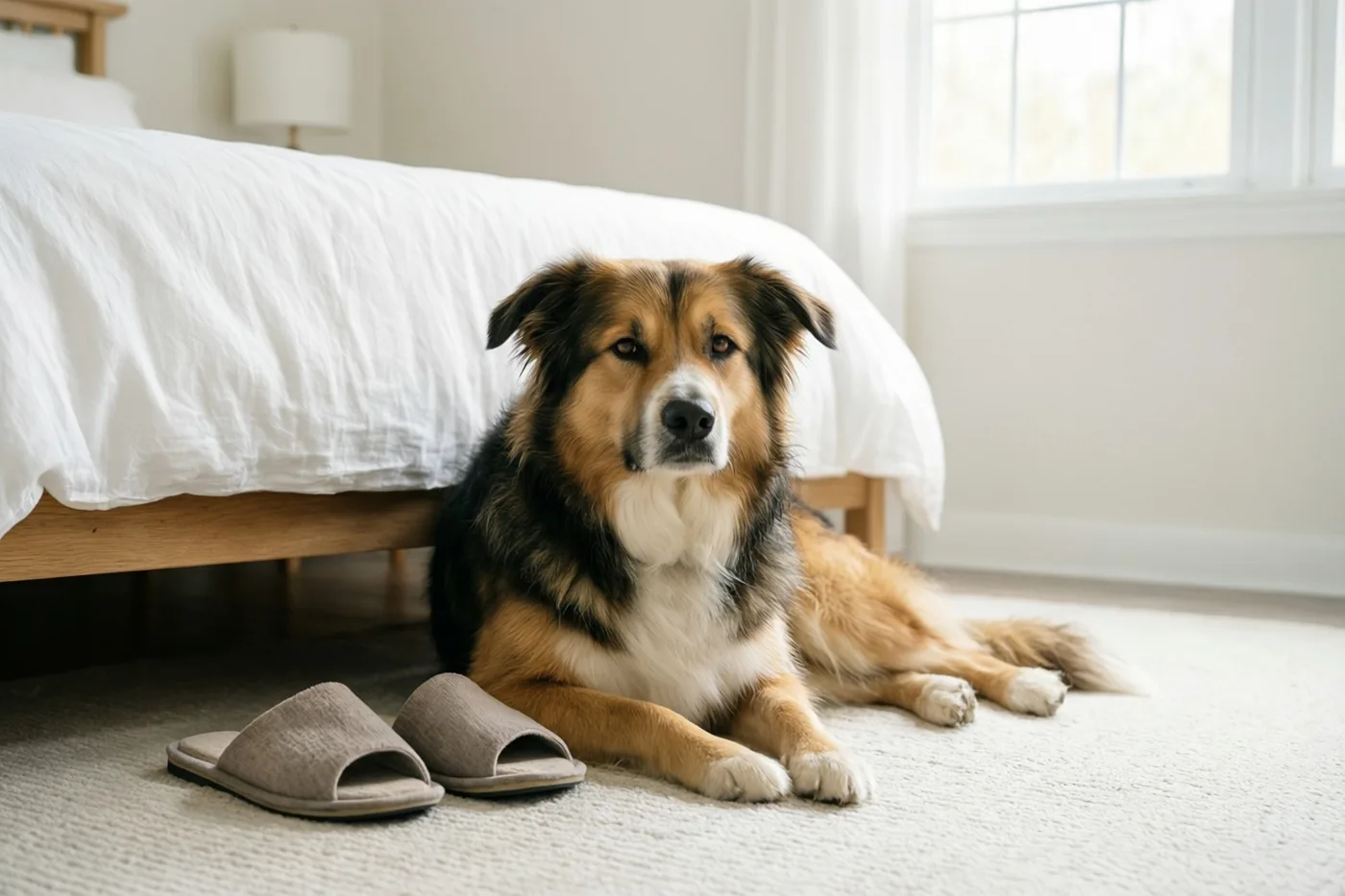Een pluizige bruin-zwart-witte hond ligt alert op een licht tapijt aan het voeteneind van een bed, met beige pantoffels vlakbij en daglicht van een raam.