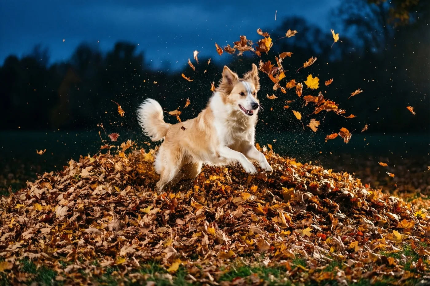 Een pluizige hond springt in een grote hoop herfstbladeren in een grasveld met bomen onder een donkerblauwe schemerlucht.