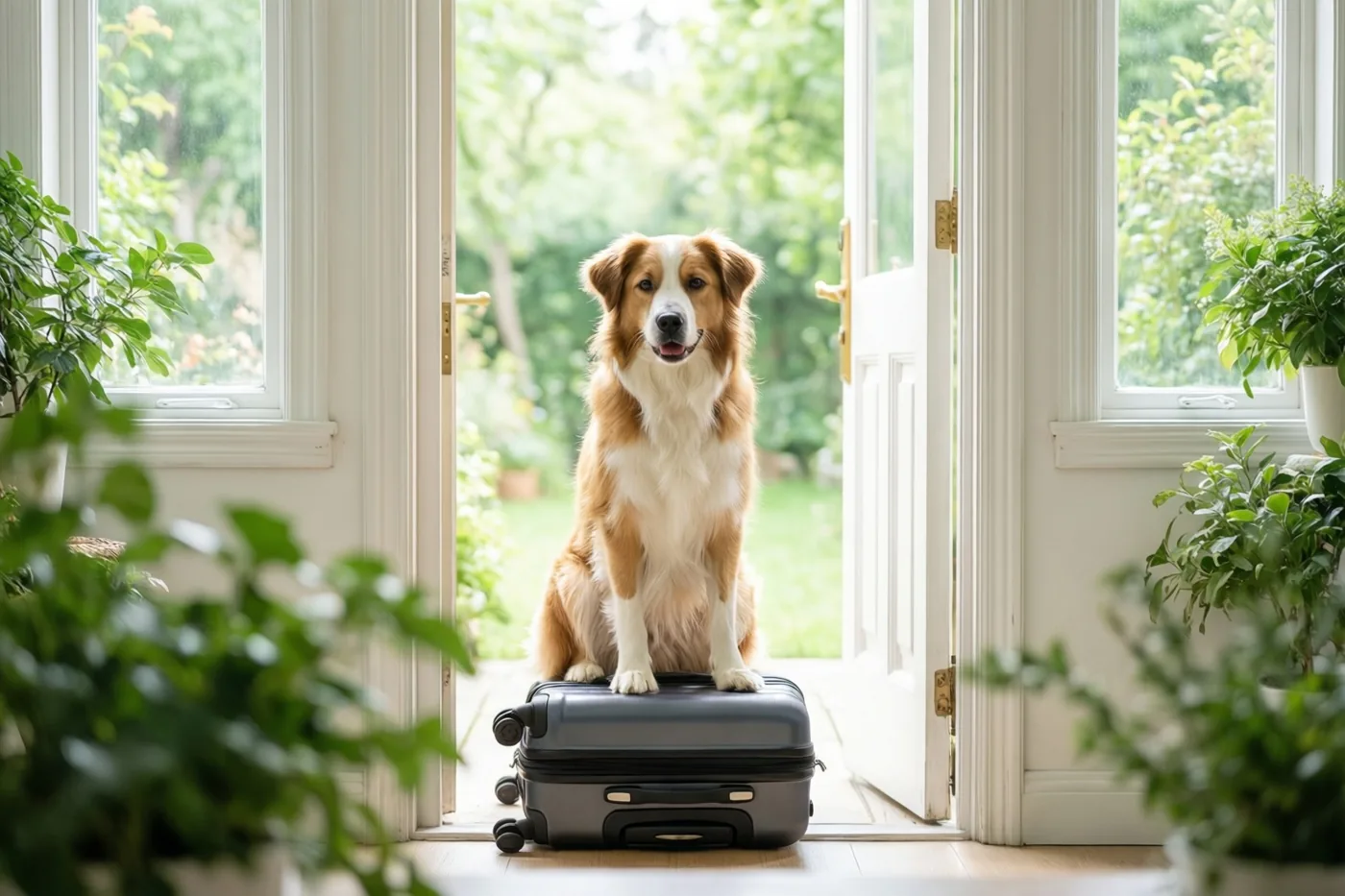 Een pluizige bruin-witte hond zit op een zwarte koffer in een deuropening, in een lichte kamer met planten en groen buiten.