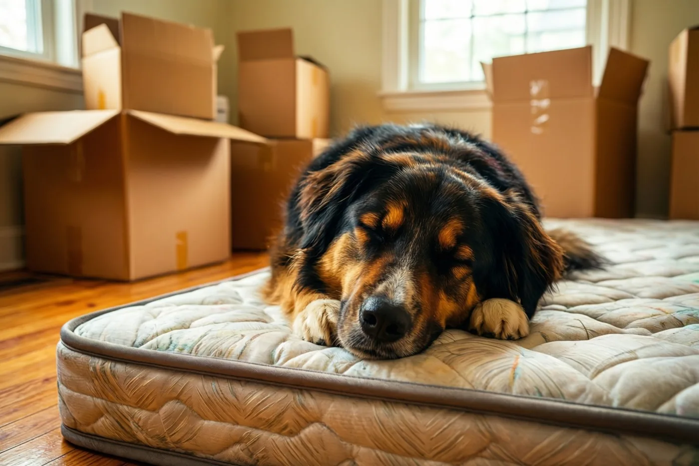 Een grote, pluizige zwart-bruine hond slaapt op een kale matras in een kamer met houten vloer, ongeopende verhuisdozen en ramen op de achtergrond.