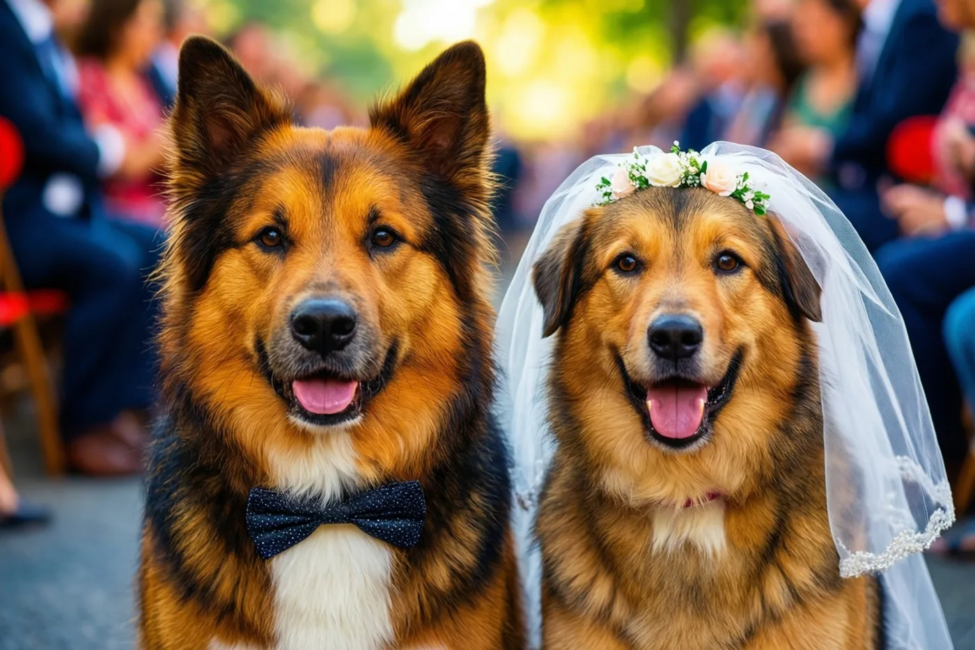 Twee pluizige honden zitten naast elkaar voor onscherpe gasten, de ene met een zwart strikje en de andere met een witte sluier en bloemen op het hoofd.