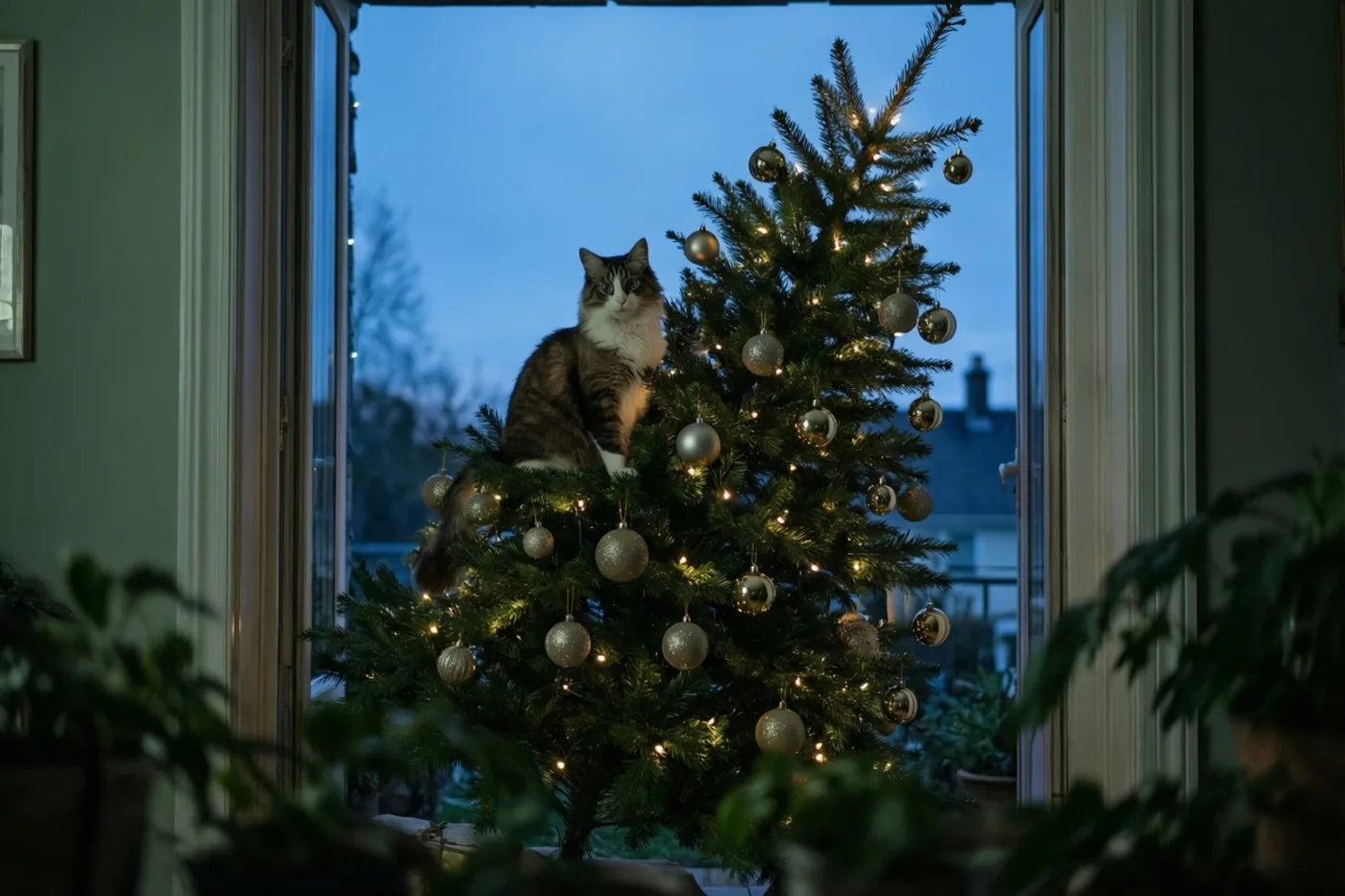 Een pluizige kat zit halverwege een versierde kerstboom die wat schuin tegen een raam leunt, met warme boomlichtjes en een koele blauwe avondhemel buiten.