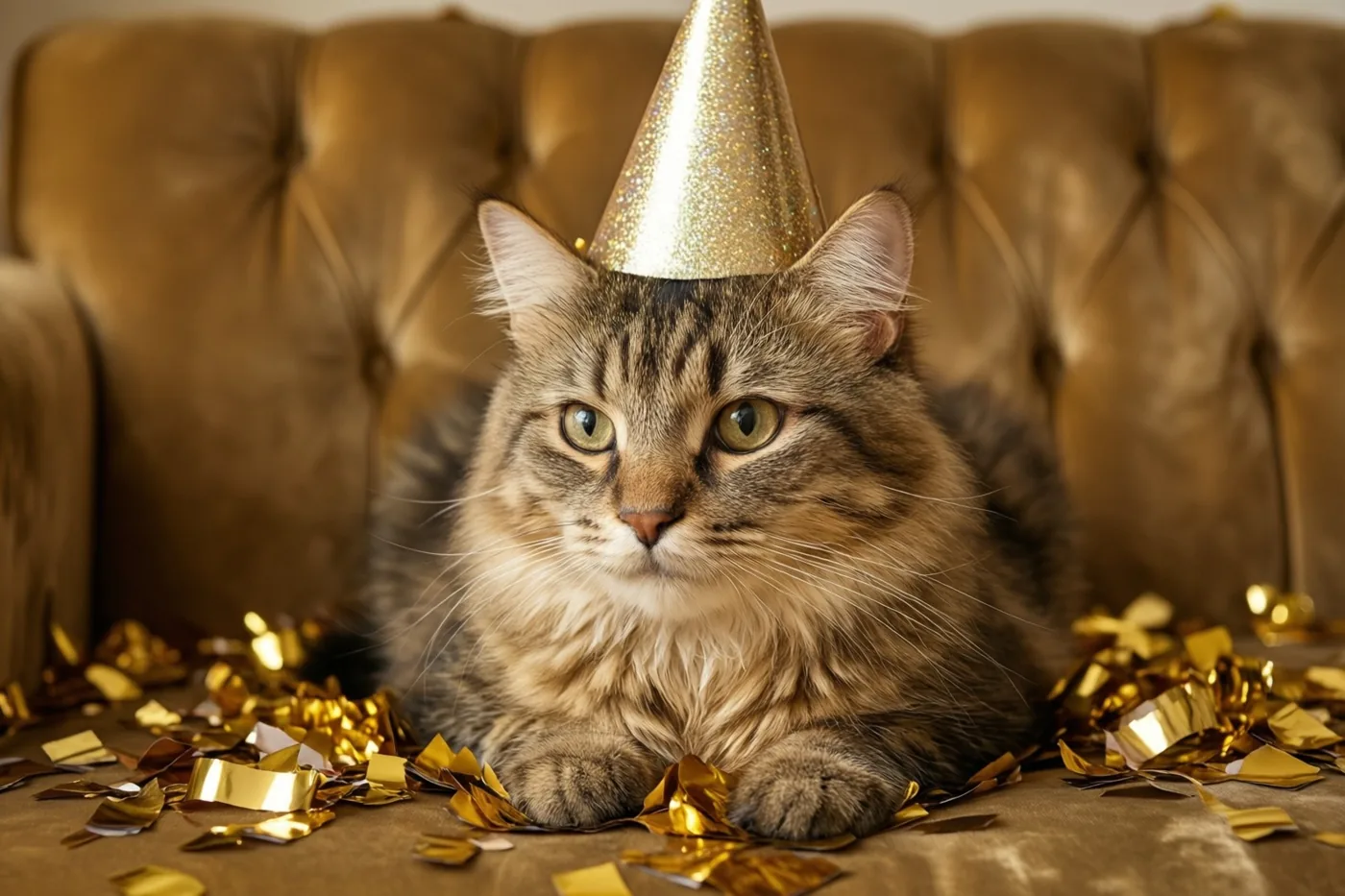 Een pluizige gestreepte kat met een gouden feesthoedje zit op een bruine fluwelen zetel met knopen, omringd door gouden confetti, en kijkt naar de camera.