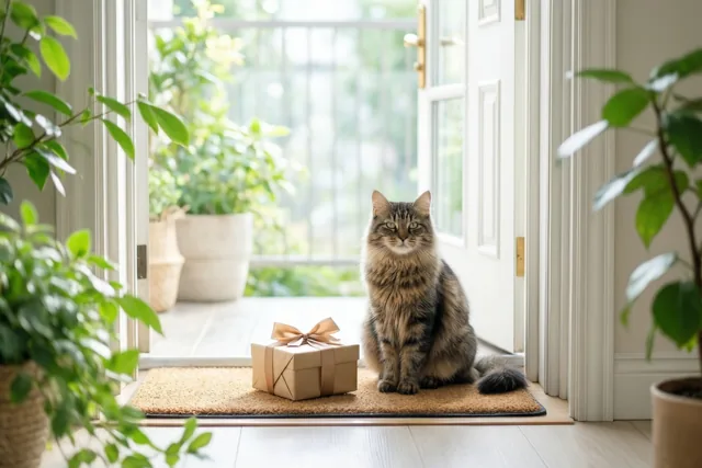 Een kat brengt een bedankje