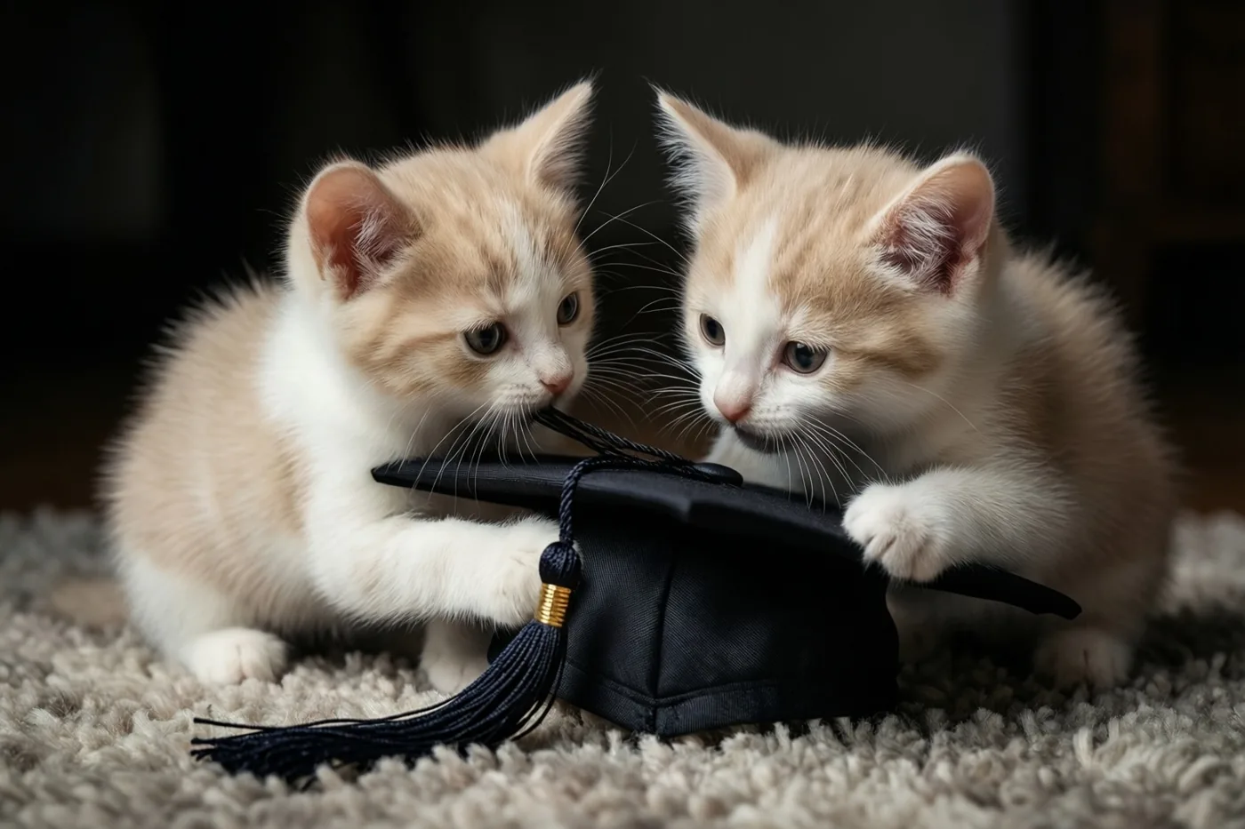 Twee pluizige katjes in crème en wit spelen met een kleine zwarte afstudeerhoed op een zacht beige tapijt tegen een donkere achtergrond.
