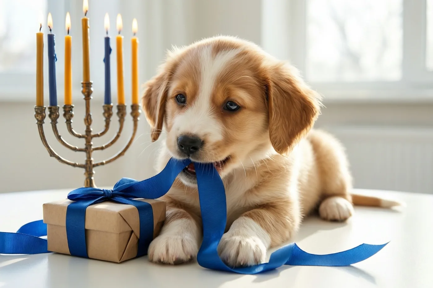 Een pluizige puppy kauwt op het blauwe lint rond een bruine cadeaudoos naast een brandende kandelaar op een wit oppervlak in zacht daglicht.