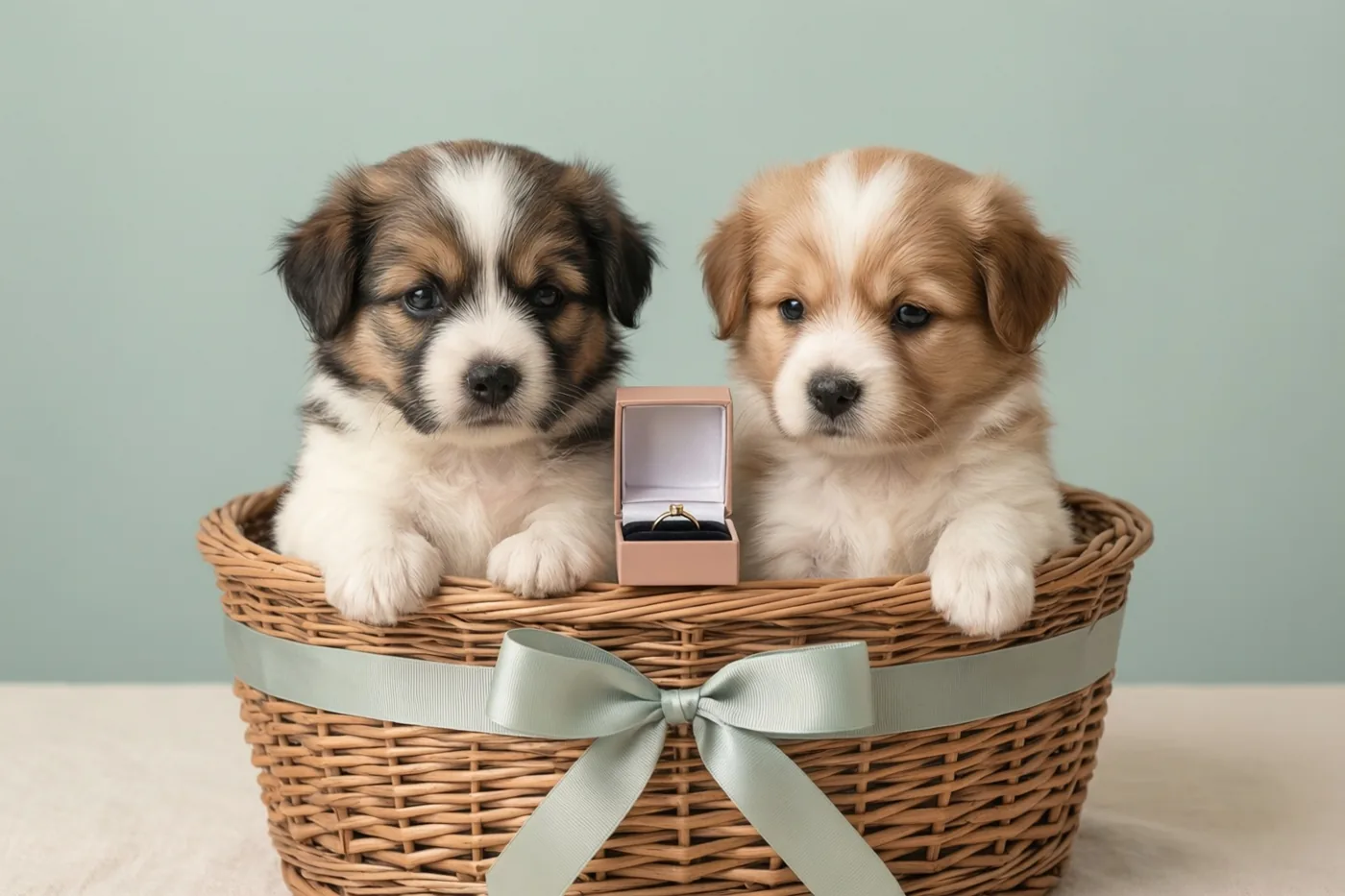 Twee pluizige puppy's zitten naast elkaar in een gevlochten mand met een lichtgroen lint en een ringdoosje ertussen, tegen een effen lichtgroene achtergrond.