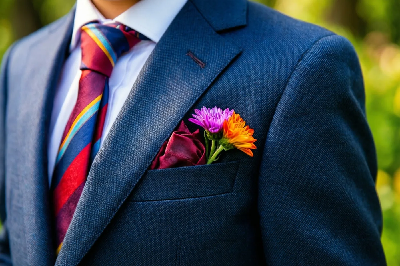 Een close-up toont de borstzak van een herencolbert met een gevouwen bordeauxrood pochet en twee kleine bloemen, een paarse en een oranje, tegen een wazige groene buitenachtergrond.