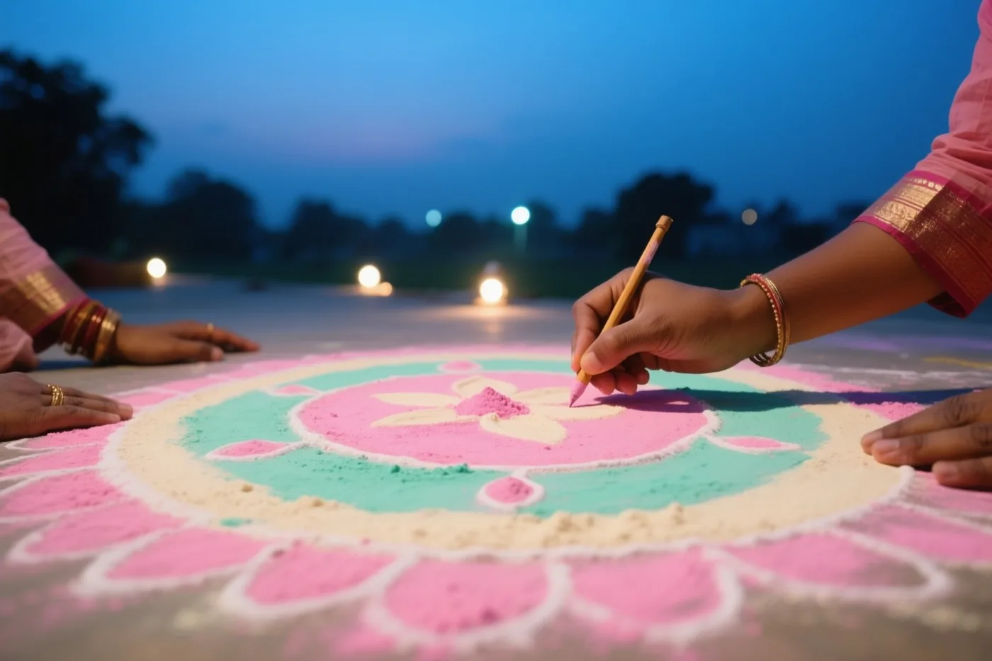 Handen tekenen bij schemering een rangolipatroon op de grond in roze, blauwgroene en crèmekleurige tinten, met zachte lichtjes op de achtergrond.