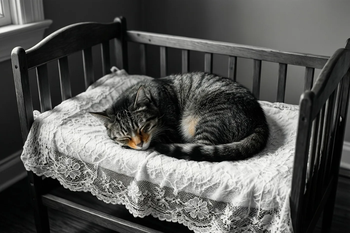 Deze zwart-witfoto toont een tijgerkat die opgekruld slaapt in een houten wieg met een witte kanten babydeken.