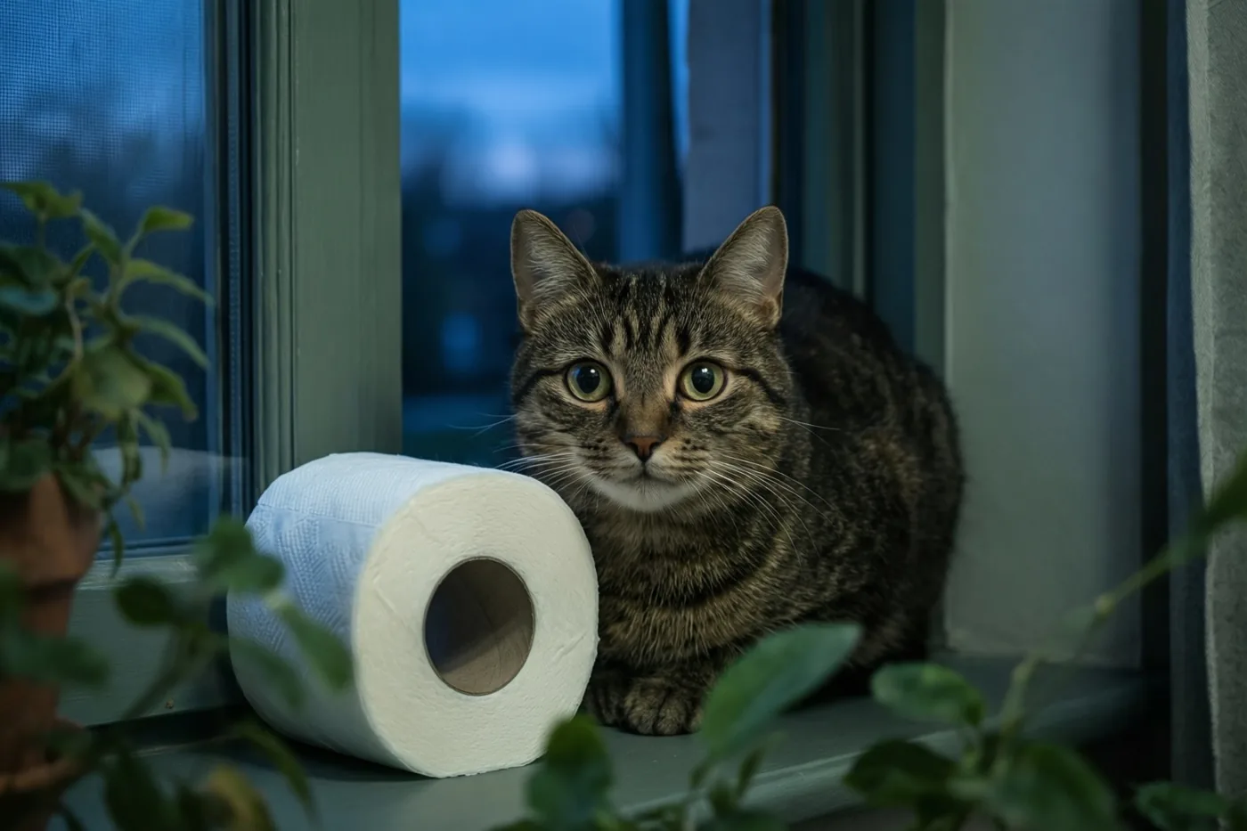 Een tijgerkat met grote ogen zit naast een volle rol toiletpapier op een vensterbank in de schemering, met blauw raamlicht en groen blad op de voorgrond.
