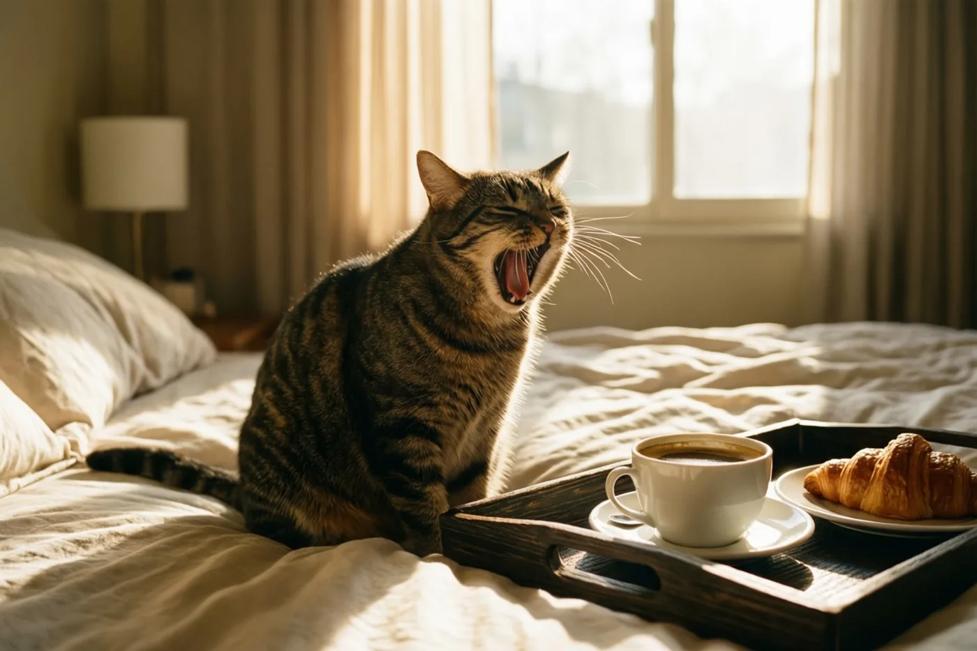 Een gestreepte kat zit te geeuwen op een bed naast een houten dienblad met een kop koffie en een croissant in het warme licht van een raam.