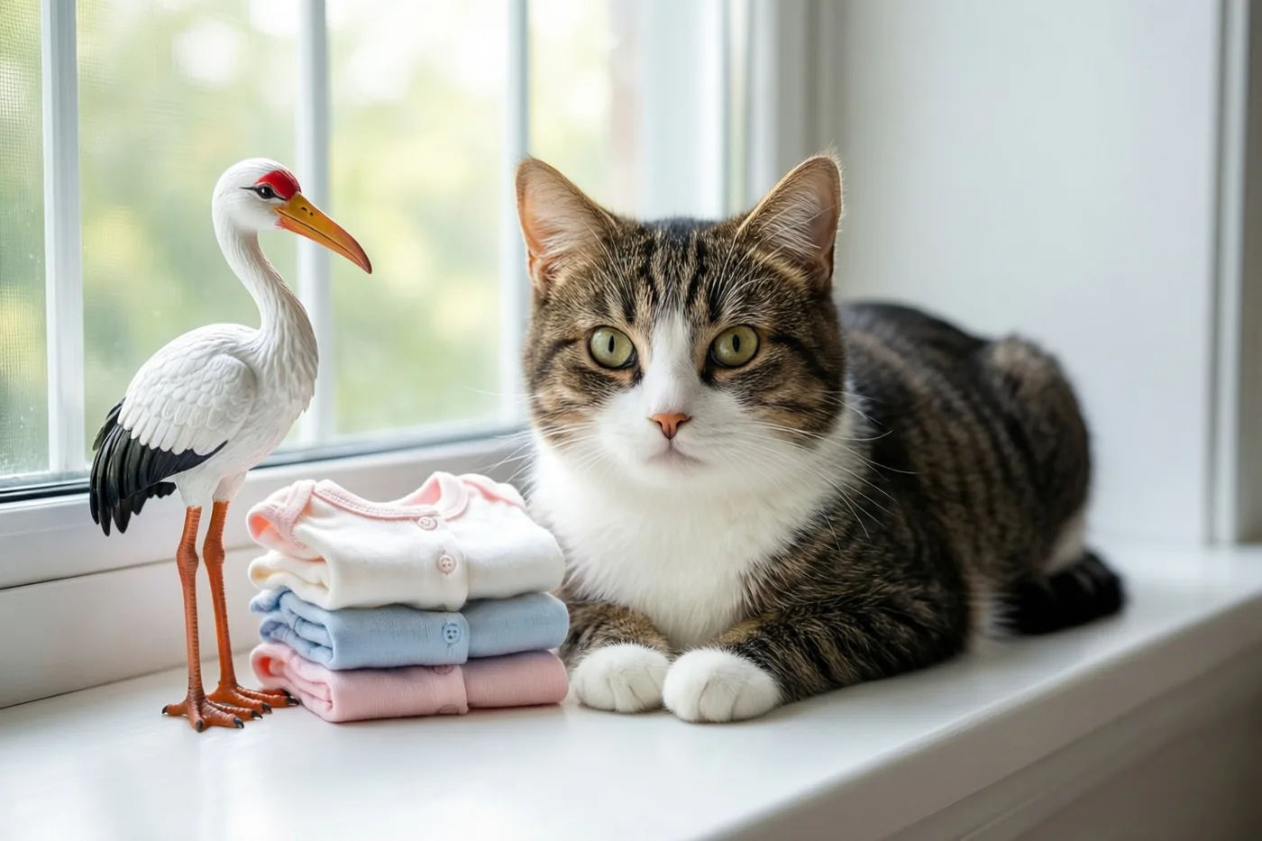 Een tijgerkat met witte vlekken ligt op een witte vensterbank naast een wit ooievaarsbeeldje en opgevouwen babybody's in pastelkleuren.
