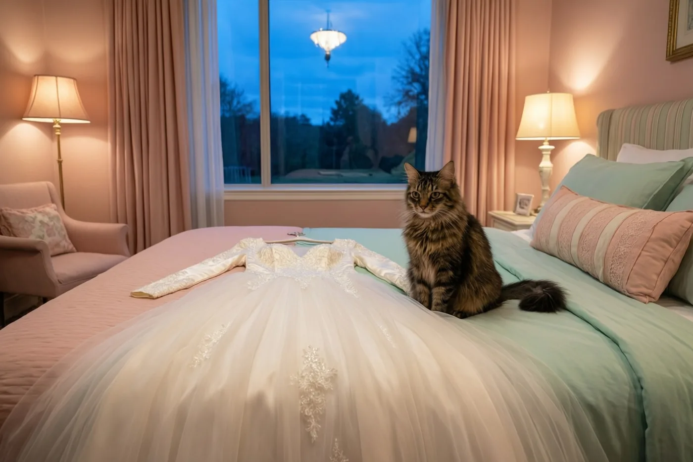 Een pluizige tijgerkat zit op een bed naast een wit doopkleed, met roze en mintgroen beddengoed en warm licht van lampen in de kamer.