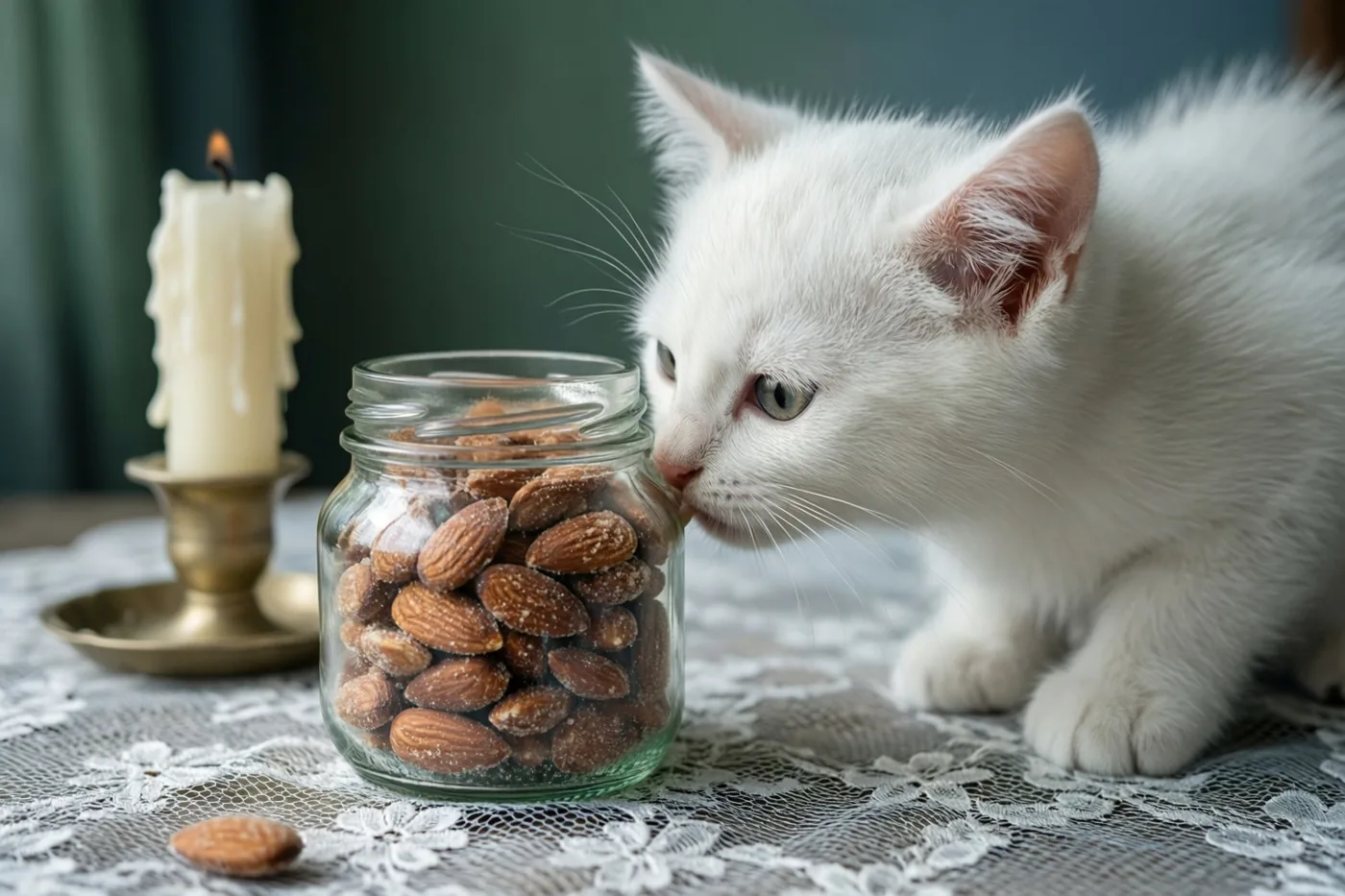 Een wit katje snuffelt aan een glazen pot suikerbonen op een wit kanten tafelkleed, met op de achtergrond een brandende doopkaars in een messing kandelaar tegen een donkergroene muur.