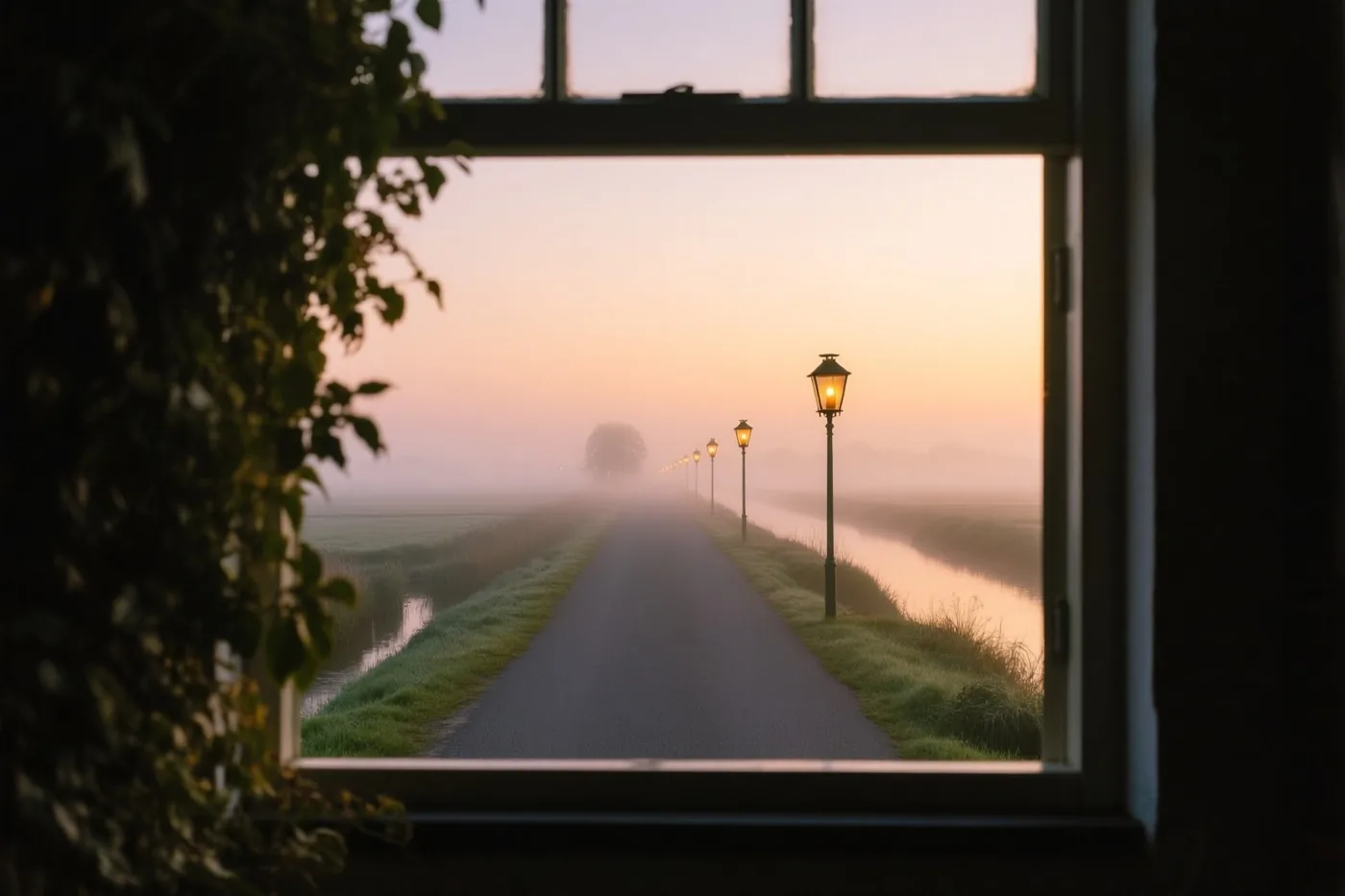 Door een raam is een polderweg bij schemering te zien, met brandende lantaarns die verdwijnen in de mist onder een oranje en paarse lucht.