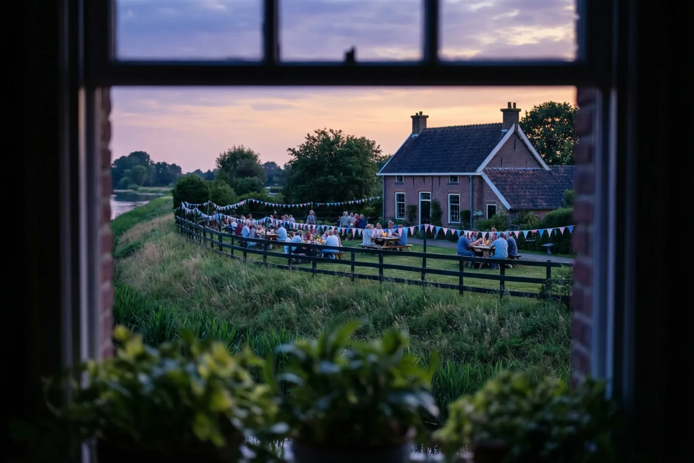 Door een raam is een polderdijk te zien met mensen die onder vlaggetjes picknicken en een bakstenen hoeve verderop, in het zachte warme licht van de schemering.
