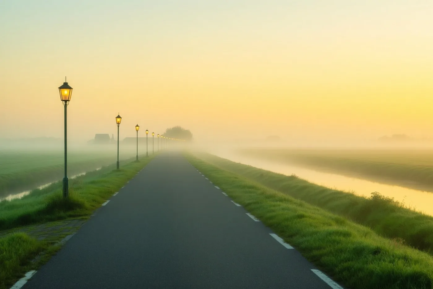 Aan beide kanten van een mistige polderweg branden lantaarns onder een schemerlucht die van lichtgeel naar lichtblauw overgaat.