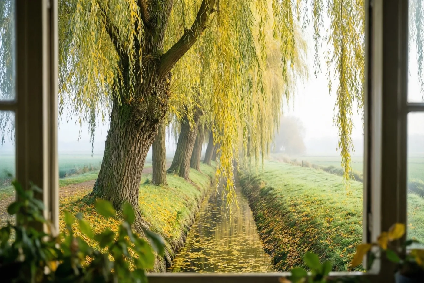 Door een open raam is een rij knotwilgen met gele bladeren boven een smalle sloot in een mistige polder te zien, in zacht goudkleurig licht.