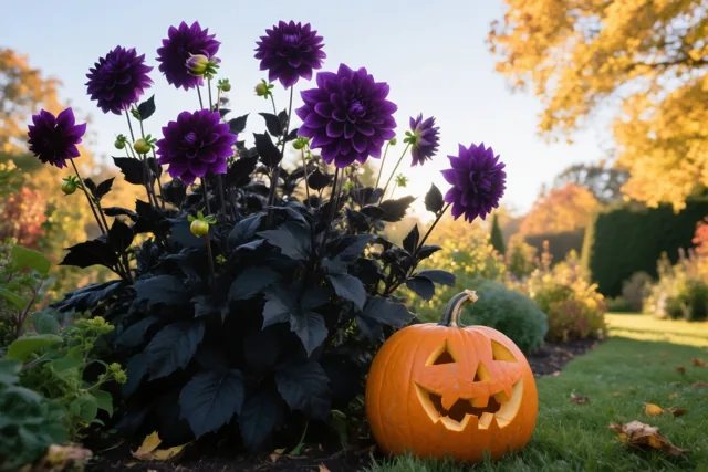 Een uitgesneden oranje pompoen staat op het gras naast dieppaarse dahlia's met zwarte bladeren in een late herfsttuin met gouden zonlicht.