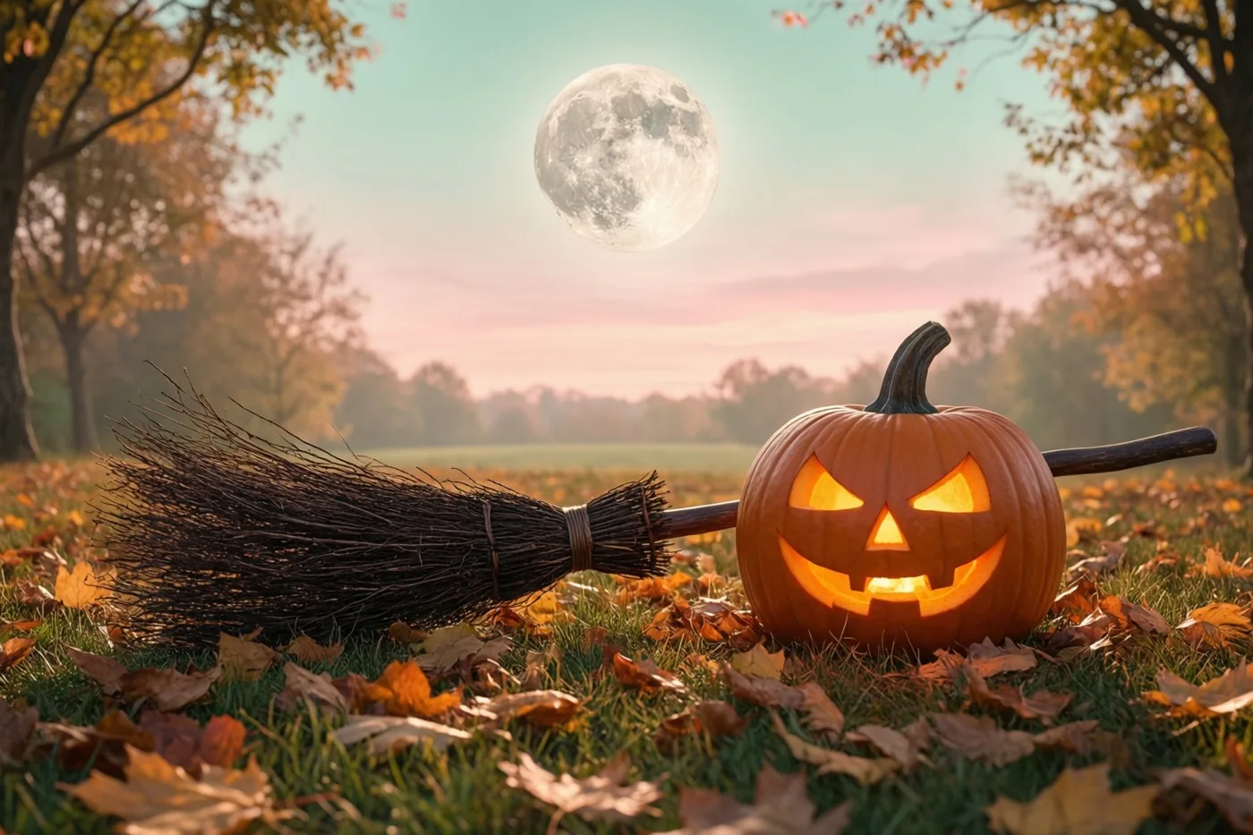 Een lichtgevende pompoen staat met een heksenbezem tussen herfstbladeren in een grasveld onder een volle maan, met bomen op de achtergrond.