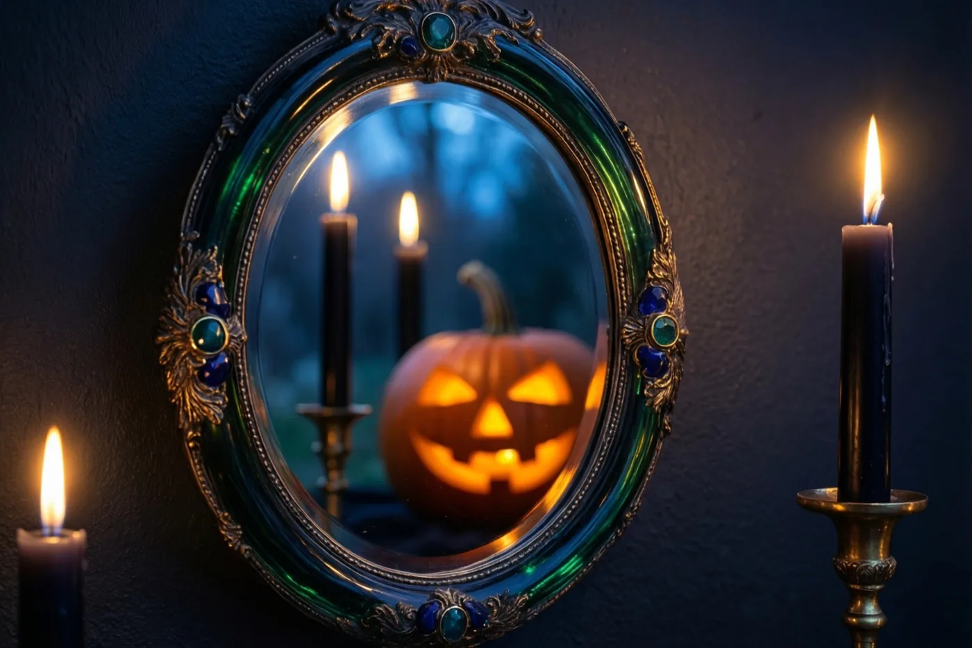 Een ovale spiegel met een sierlijke lijst weerspiegelt een verlichte pompoen met uitgesneden gezicht en twee brandende zwarte kaarsen tegen een donkerblauwe muur.