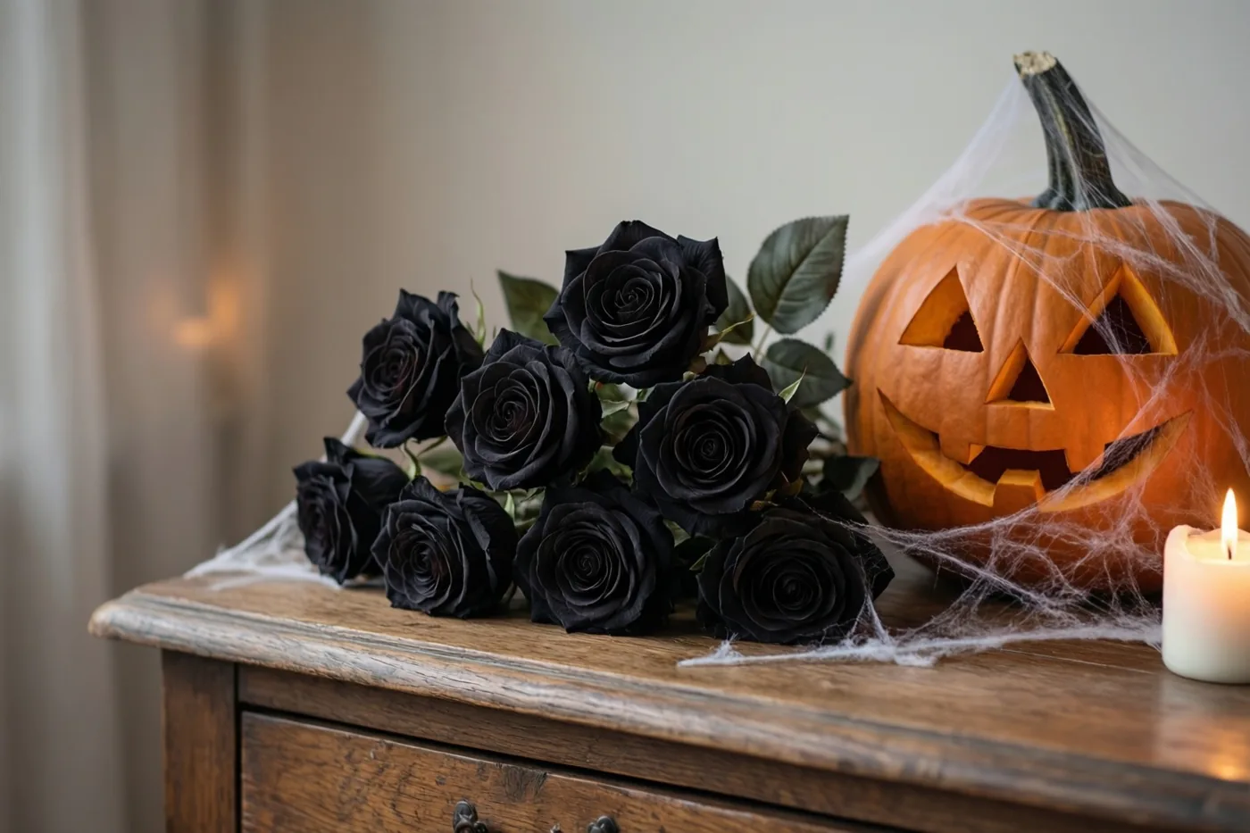 Een boeket zwarte rozen, een uitgesneden pompoen met kunstmatige spinnenwebben en een brandende kaars staan op een rustiek houten dressoir.