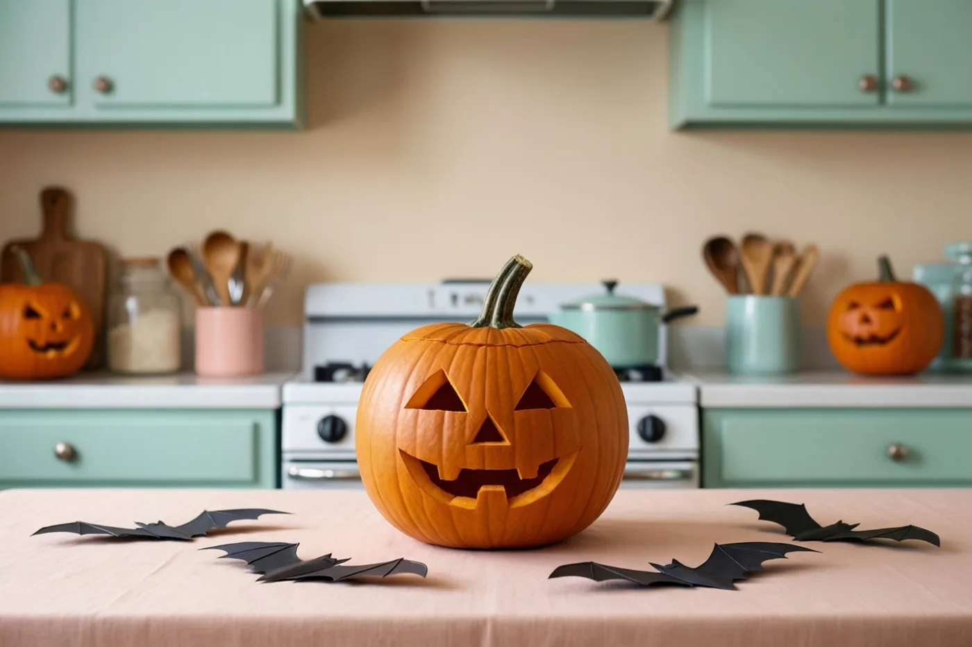 Een uitgesneden pompoenlantaarn staat op een tafel met papieren vleermuizen in een warm verlichte keuken in jarenvijftigstijl met mintgroene kasten.