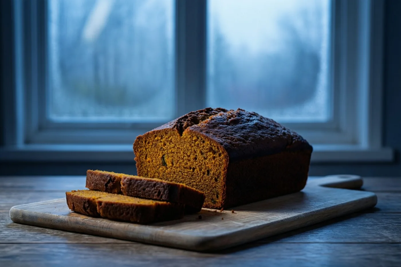 Een pompoenbrood met twee afgesneden sneden ligt op een houten snijplank bij een raam met een mistig, onscherp uitzicht in koele blauwtinten.