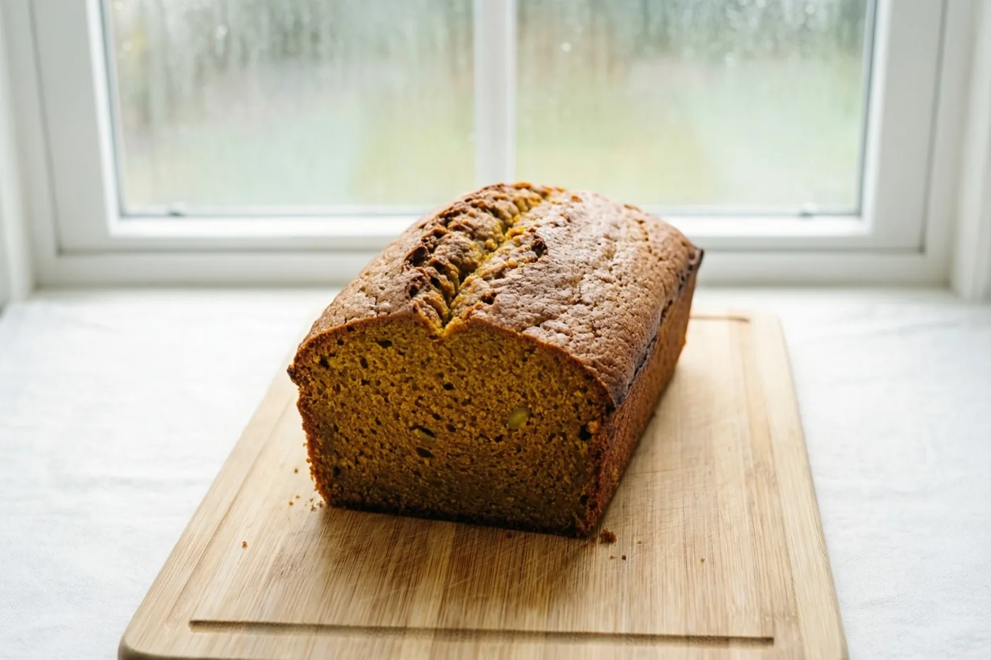 Een pompoenbrood ligt op een houten snijplank voor een mistig raam in natuurlijk licht.