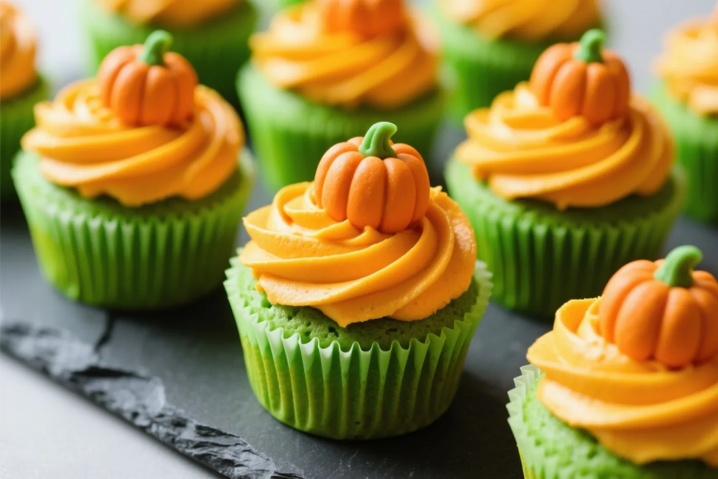 Cupcakes in groene vormpjes met oranje glazuur en kleine marsepeinen pompoenen staan op een donkere leistenen plank.