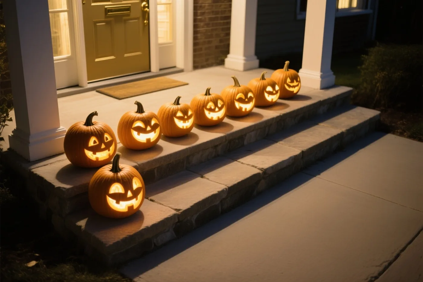 Een rij uitgesneden pompoenen met lichtgevende gezichten staat op stenen treden voor een voordeur, verlicht door de pompoenen en licht uit het huis.