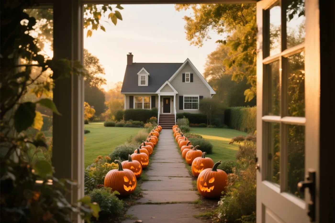 Een rij uitgesneden pompoenen staat langs een stenen pad naar een huis met een trapgevel in een verzorgde tuin met warm gouden licht en herfsttinten.