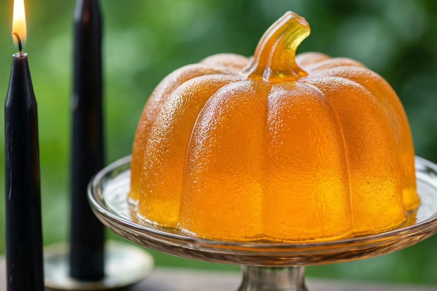 Een oranje geleipudding in pompoenvorm staat op een glazen taartstandaard naast twee zwarte kaarsen waarvan er één brandt, tegen een onscherpe groene achtergrond.