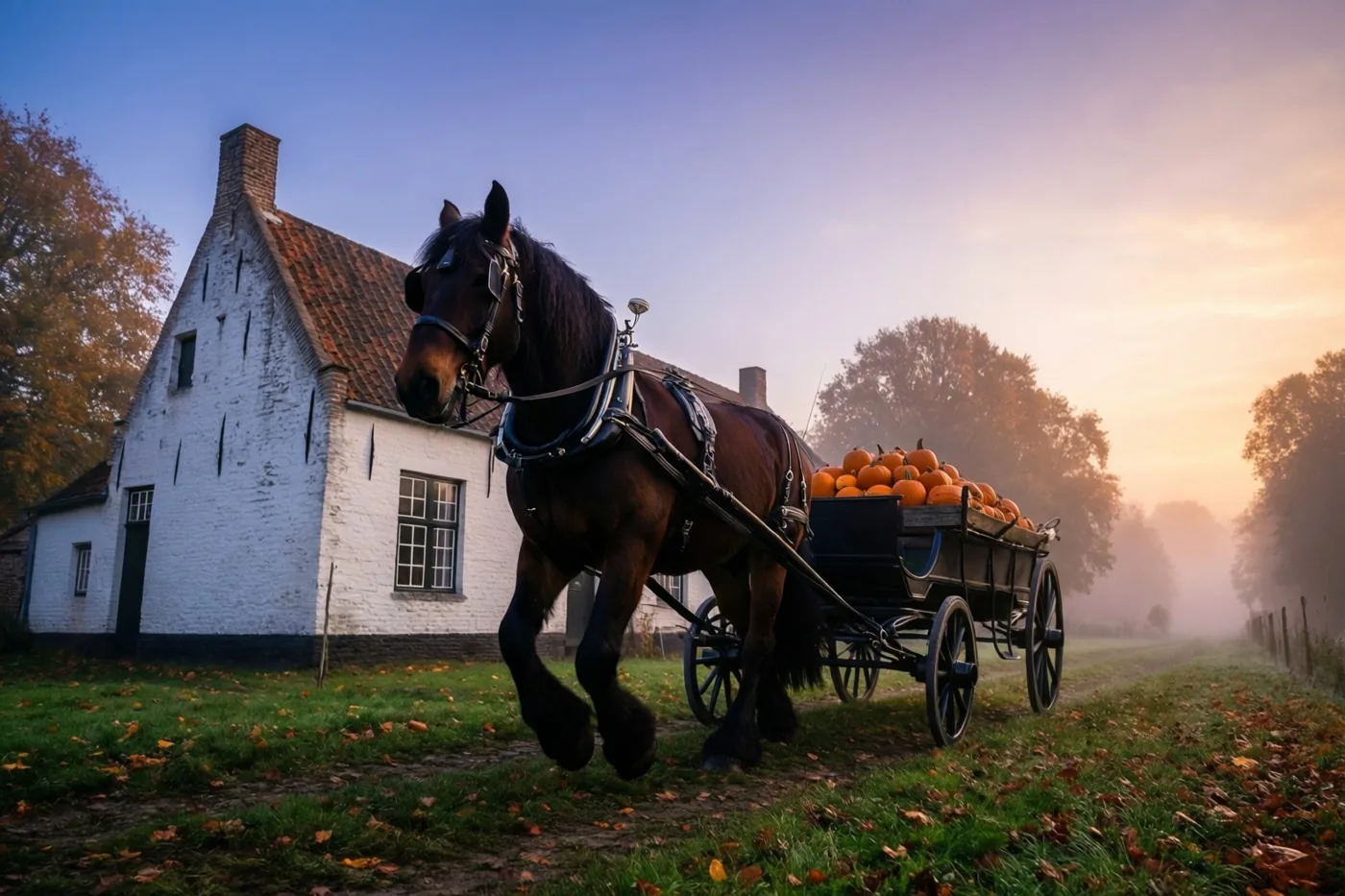 Een donkerbruin trekpaard trekt een kar boordevol pompoenen over een graspad voor een witgekalkte Vlaamse hoeve, in herfstmist onder een zachte schemerhemel met oranje en blauwe tinten.