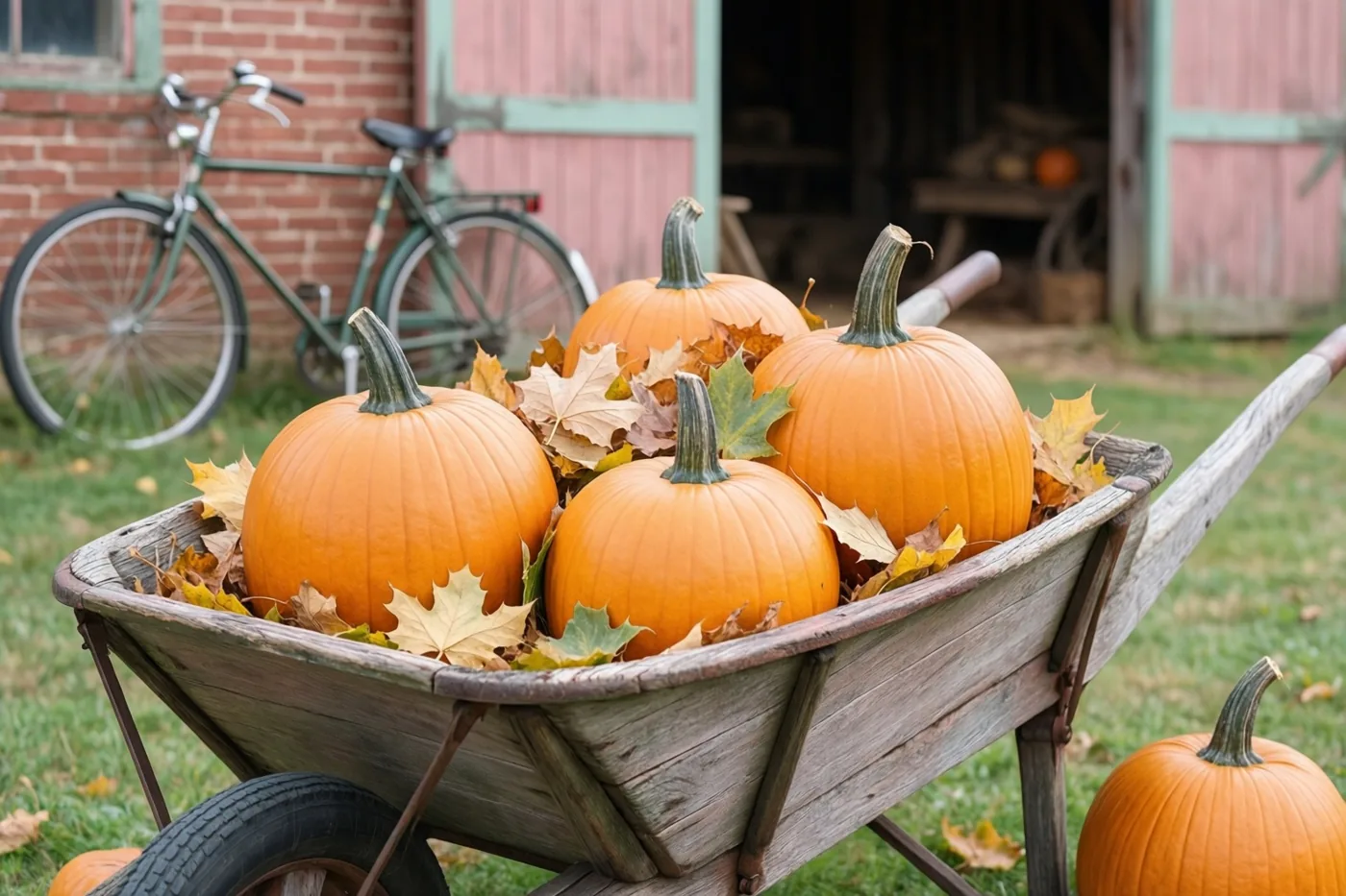 Een verweerde houten kruiwagen vol oranje pompoenen en herfstbladeren staat op gras voor een bakstenen schuur, met een oude groene fiets tegen de muur.