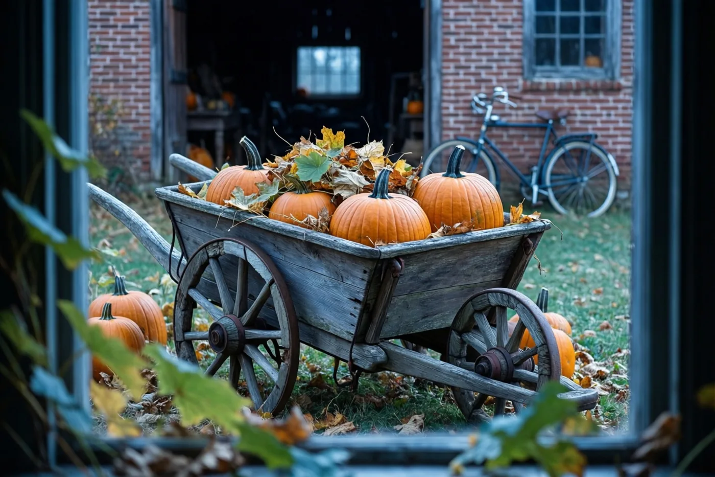 Door een raam met groen gebladerte op de voorgrond zie je een verweerde houten kruiwagen vol pompoenen en herfstbladeren voor een bakstenen schuur, met een oude fiets tegen de muur.