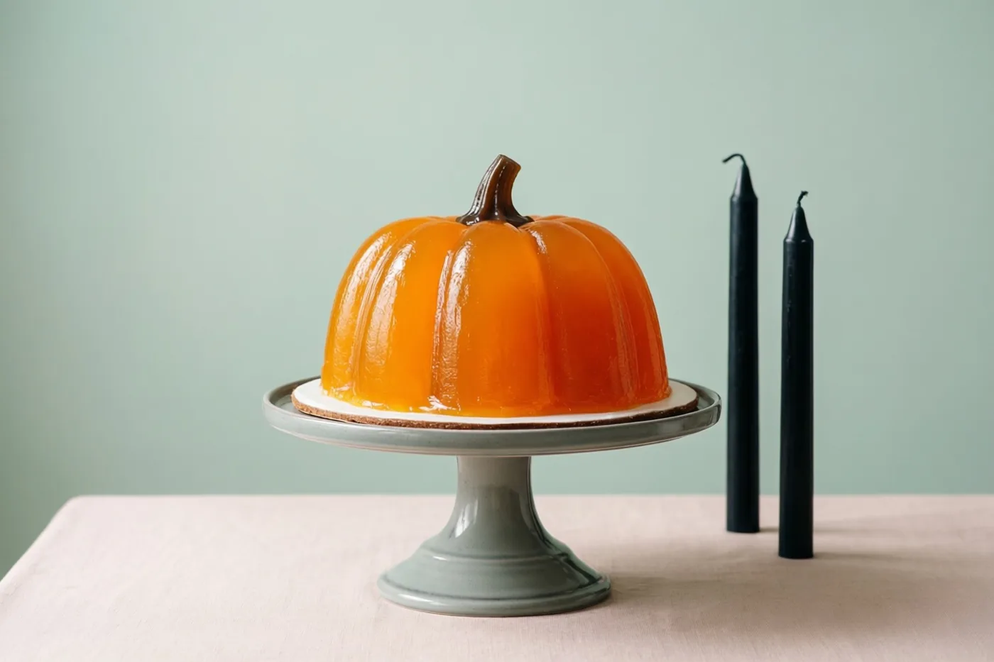 Een oranje geleipudding in pompoenvorm staat op een grijze taartstandaard op een lichtroze tafelkleed naast twee zwarte kaarsen tegen een lichtgroene muur.