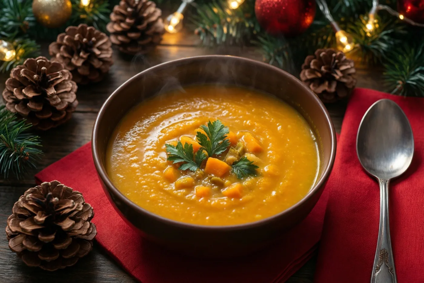 Een dampende kom oranje pompoensoep staat op een rood servet op een donkere houten tafel, omringd door dennenappels, kerstlichtjes en feestversiering.